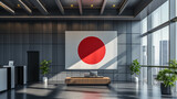 Japan flag elegantly displayed in a modern showroom, soft ambient lighting, creating a sophisticated and commercial aesthetic