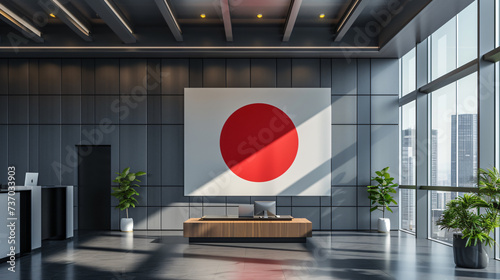 Japan flag elegantly displayed in a modern showroom, soft ambient lighting, creating a sophisticated and commercial aesthetic photo