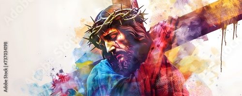 Vibrant Watercolor-style Digital Artwork: Jesus Carrying His Cross. Concept Sunset Silhouettes, Beach Vacation, Family Picnic, Hiking Adventure, Urban Exploration