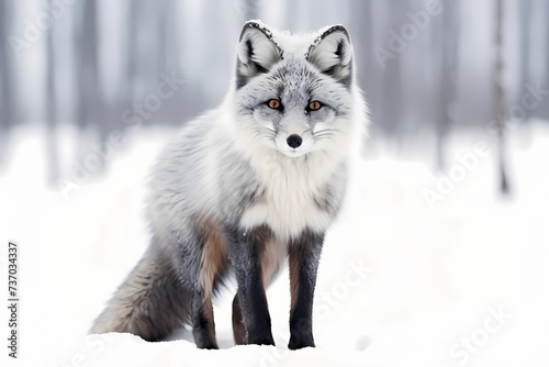 A curious silver fox, its sleek fur shining against a snowy white background, blending perfectly with its surroundings.