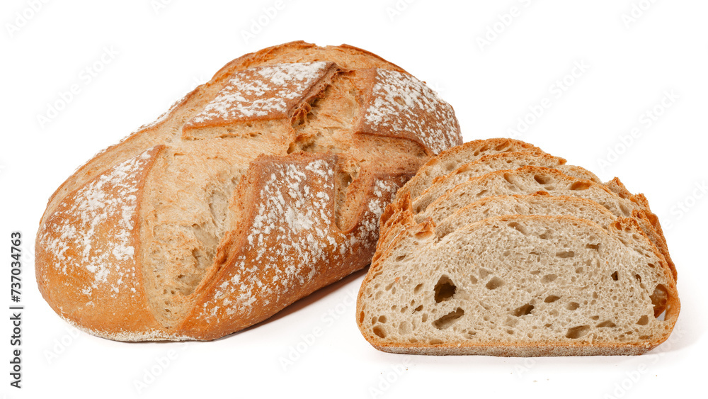 Bochenek wypieczonego chleba na białym wyizolowanym tle - obrazy, fototapety, plakaty 