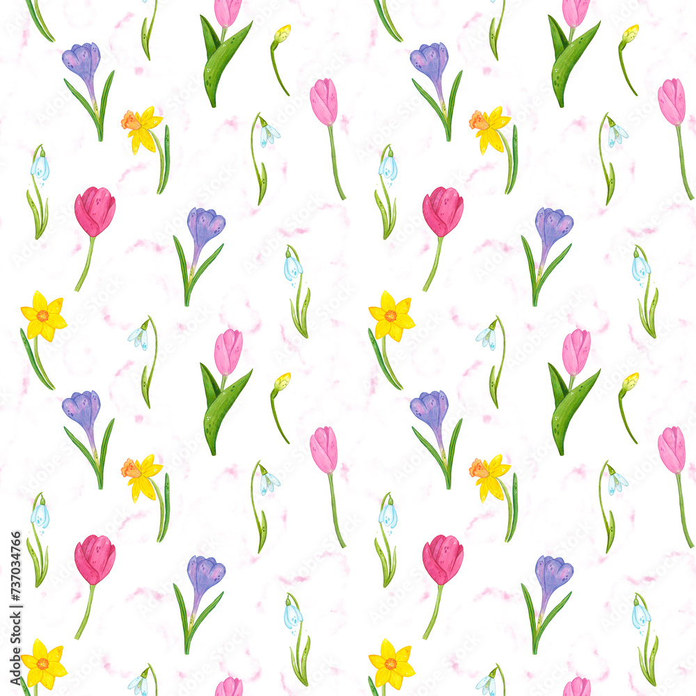 Seamless pattern of hand-drawn watercolor illustrations on the spring theme of garden and flowers. Spring, bright, floral, cartoon, spring, flowers, tulip, tulips, crocus, daffodil, pink, garden
