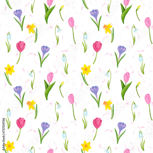 Seamless pattern of hand-drawn watercolor illustrations on the spring theme of garden and flowers. Spring  bright  floral  cartoon  spring  flowers  tulip  tulips  crocus  daffodil  pink  garden