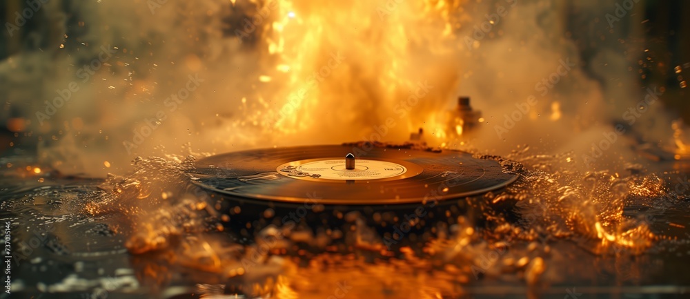 A record is resting on a blazing fire, surrounded by smoke and flames A record is resting on a blazing fire, surrounded by smoke and flames