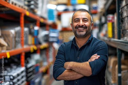 Smiling middle-aged Middle Eastern man in a hardware warehouse with arms folded, standing next to a shelf containing hardware supplies © boxstock production