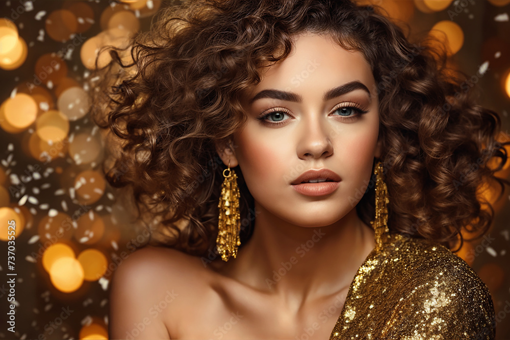 Fototapeta premium A beautiful woman with curly hair is wearing a gold dress. She has a bare shoulder and is looking straight into the camera. Background orange, gold. Copy space