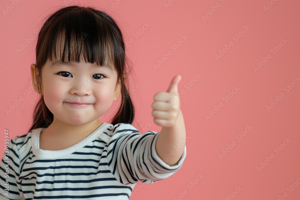 Happy little cute Asian girl giving thumbs up on pink background