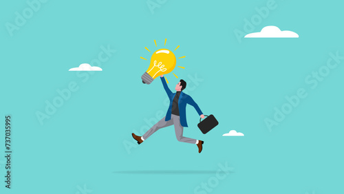 get new business idea or opportunity, intelligence or wisdom to drive career success, creativity or brilliant idea for business success, smart businessman jump while holding light bulb idea