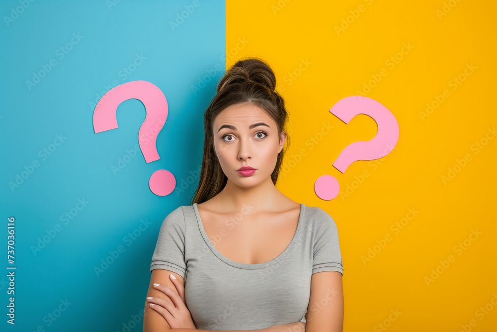 Puzzled pensive young girl with question marks. Young woman in a thoughtful pose with colorful question marks. Thinking woman isolated on multi color wall background Puzzled pensive young girl with question marks. Young woman in a thoughtful pose with colorful question marks. Thinking woman isolated on multi color wall background