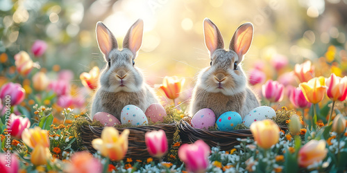 Easter bunny rabbit in the garden. Grnerative AI.	