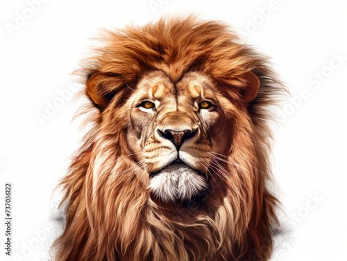 Isolated head and face of majestic male lion with soft fur and large mane on white background