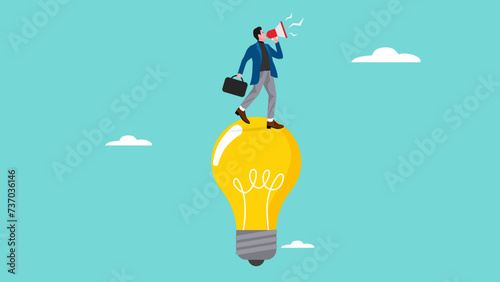 leadership, businessman giving directions using megaphone while standing on light bulb, power of education and knowledge for leadership, announcement or business message concept vector illustration