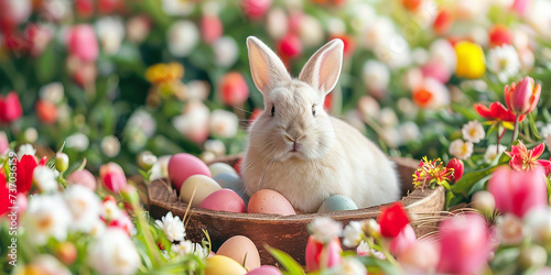 Easter bunny rabbit in the garden. Grnerative AI.	 photo