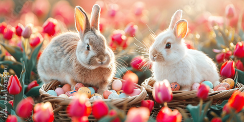 Easter bunny rabbit in the garden. Grnerative AI.	 photo