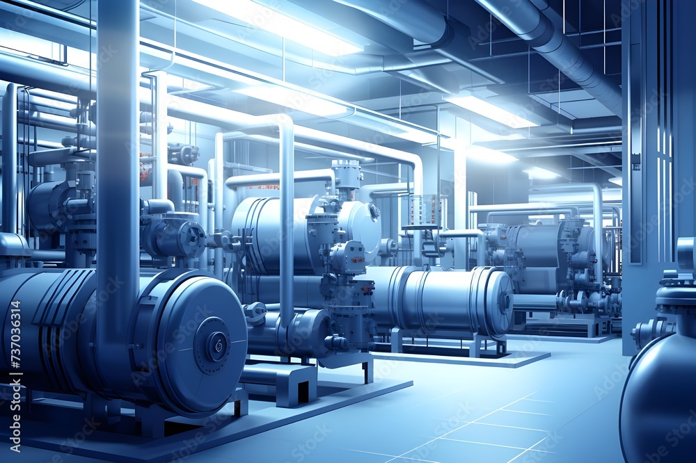 An industrial pump room is flooded with water under blue lighting, of maintenance and safety
