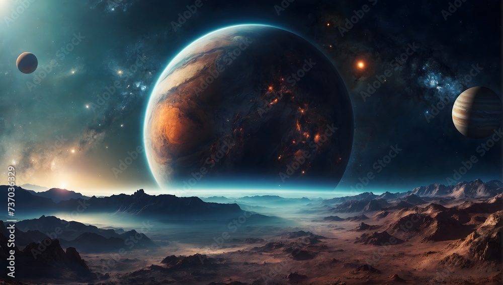 Planets in deep space. Panorama in the endless expanse of space. Cinematic view. - obrazy, fototapety, plakaty 