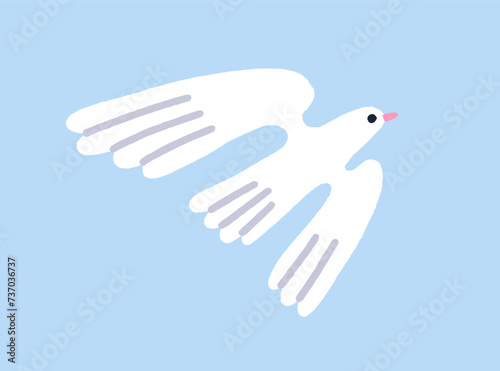 Dove flying in sky. Feathered bird spreading wings in flight, soaring, gliding in air. Peaceful free white pigeon travels. Peace, hope, love, freedom symbol. Flat vector illustration