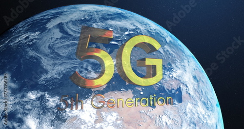 Digital image of 5g text over spinning globe on blue background