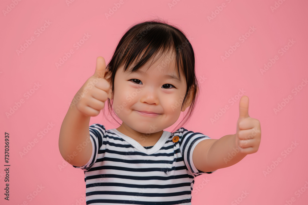 Happy little cute Asian girl giving thumbs up on pink background Happy little cute Asian girl giving thumbs up on pink background