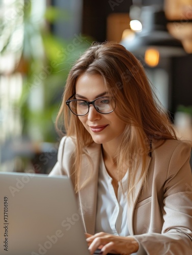 Happiness, laptop and typing professional woman, advocate or government attorney reading feedback review. Corporate research, law firm and business lawyer working on legal project development plan
