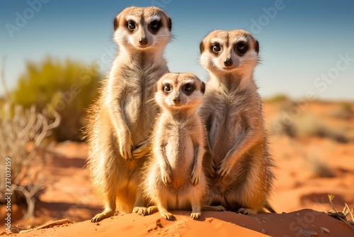 A family of meerkats standing upright, keeping a vigilant watch over their burrow in the arid desert.