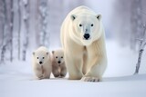 A family of polar bears traversing across a snowy landscape, their thick fur protecting them from the freezing temperatures.