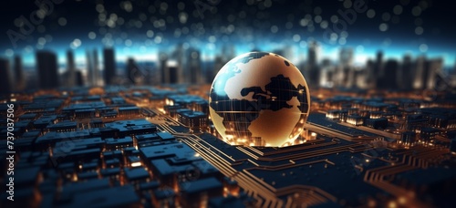 An electric blue globe illuminates a city skyline at night