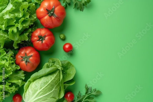 Vegetables isolated on green pastel color background, flat lay, banner design with copy space