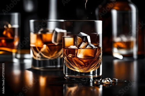 whisky background with pure whine in the transparent white background with cold ice pour in it background 