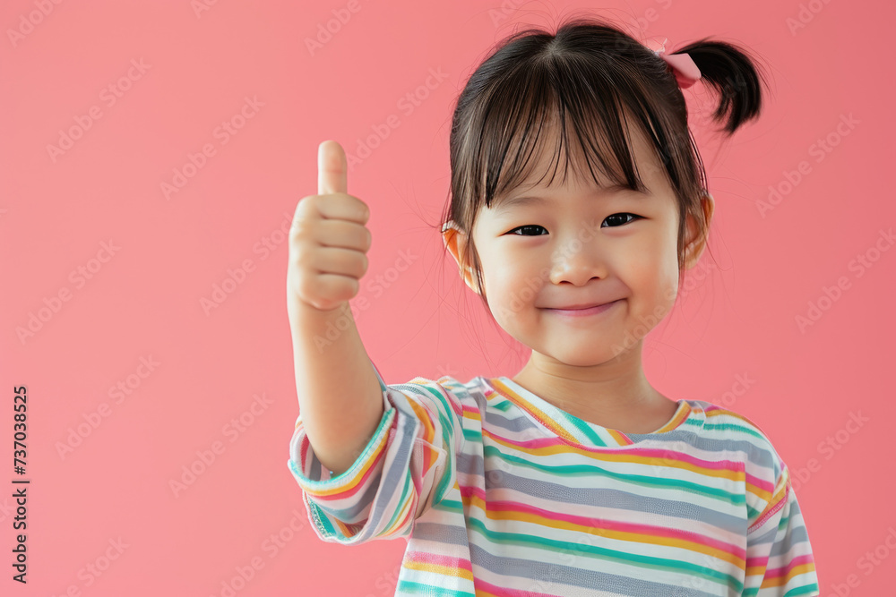 Happy little cute Asian girl giving thumbs up on pink background Happy little cute Asian girl giving thumbs up on pink background