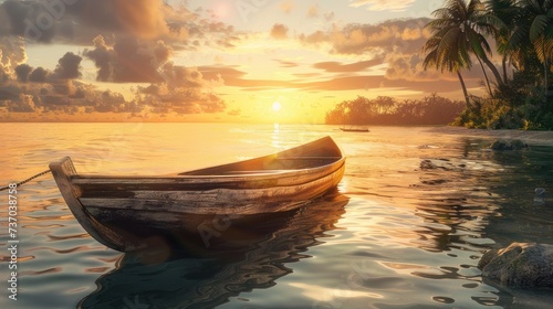 a traditional wooden boat in a perfect tropical bay at golden hour, sunrise or sunset to enhance the warm tones and add depth. Soft diffused light creates a cozy atmosphere.