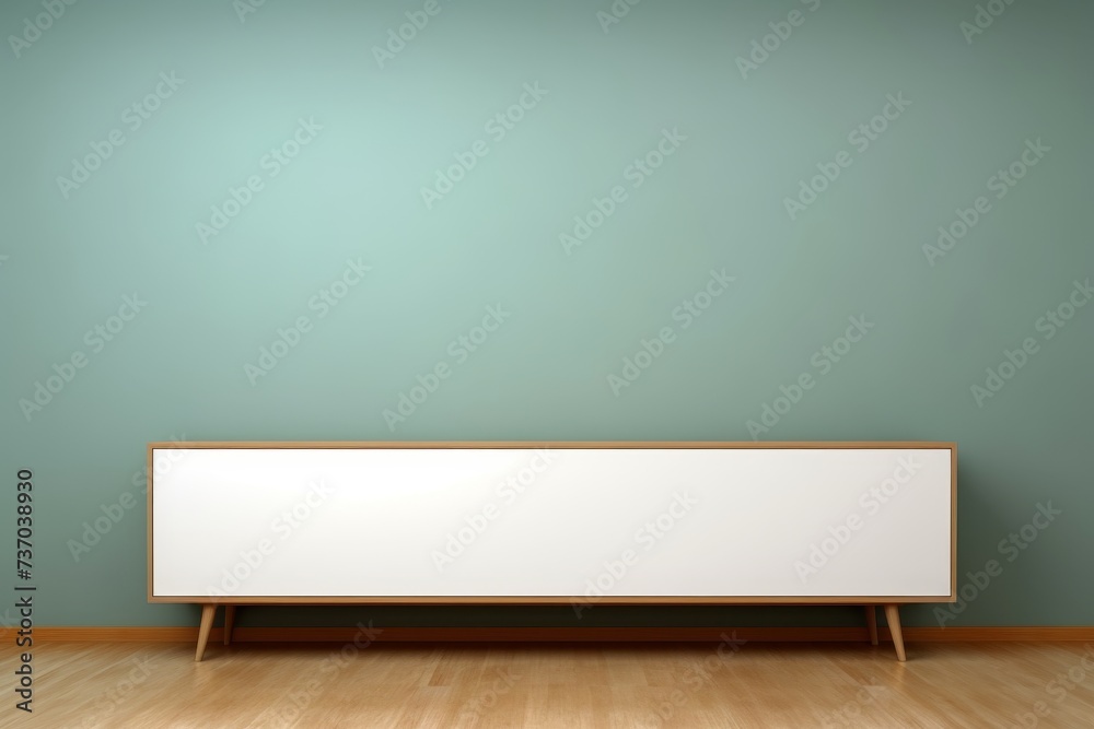 Mockup frame in wooden cabinet, stylish living room interior, dark wall background