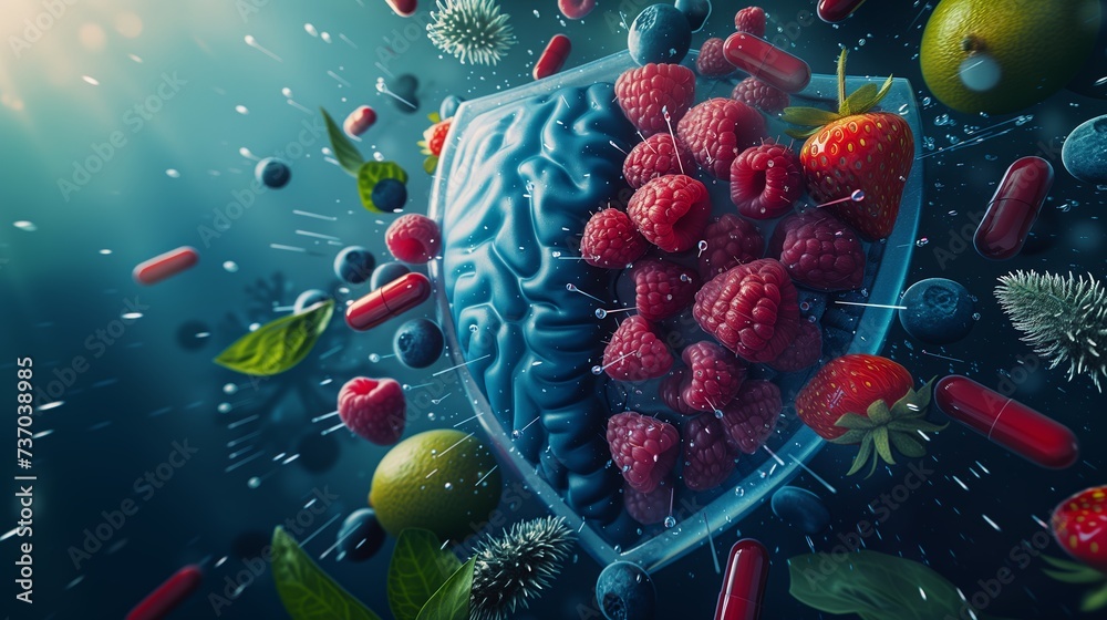 Immune System Defense shield-shaped organ surrounded by protective elements like vitamins and antioxidants, symbolizing the role of the immune system in defending against illness - obrazy, fototapety, plakaty 