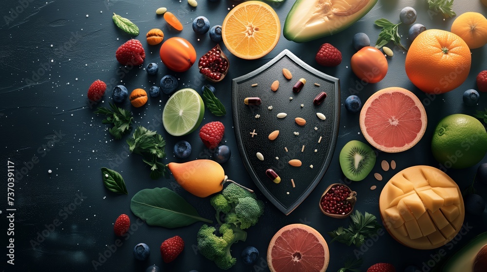 Immune System Defense shield-shaped organ surrounded by protective elements like vitamins and antioxidants, symbolizing the role of the immune system in defending against illness - obrazy, fototapety, plakaty 