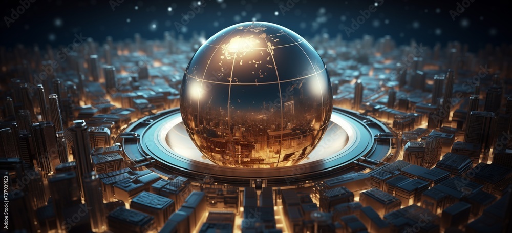 Fototapeta premium The world globe is perched atop a cuttingedge city