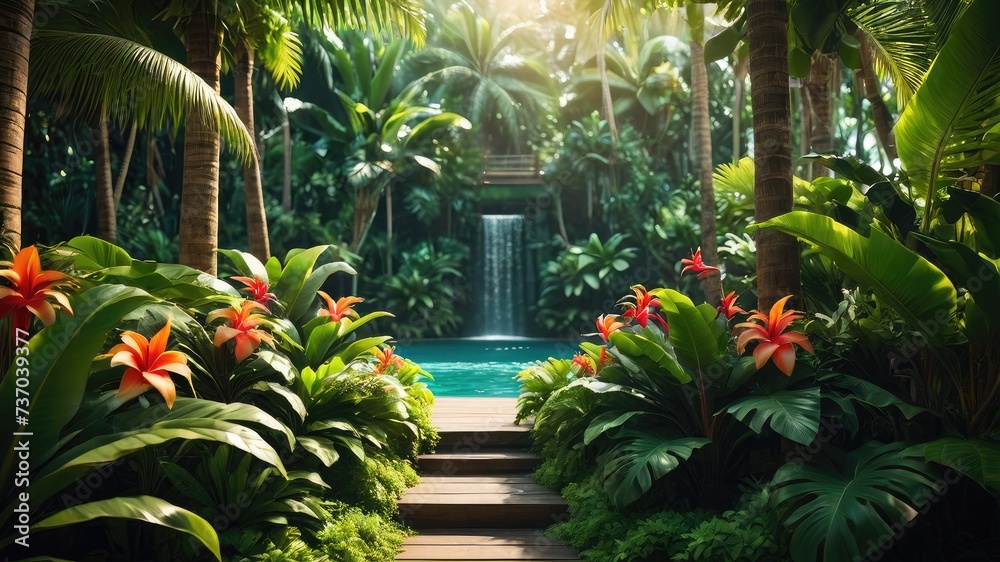 Tropical island with palms, Tree in the garden, tropical evergreen forest and leaves plant wallpaper, tropical wallpaper, green plant and leaves background