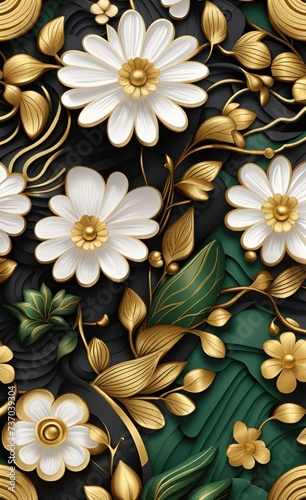 Luxury floral pattern with flowers elegant texture illustration background in golden  green  white  and black colors. 3d abstract wallpaper for interior mural wall art decor. generative  Generative AI
