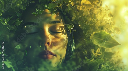 Person with eyes closed, music streaming through headphones, surrounded by green natural landscapes, power of music as a form of escape and relaxation. photo