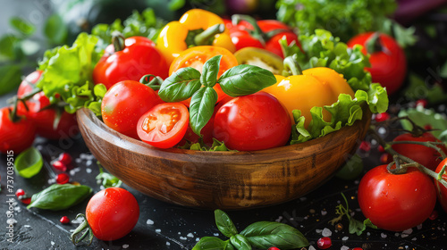 Fresh cherry tomatoes and herbs in a bowl amidst a spread of vibrant salad ingredients.