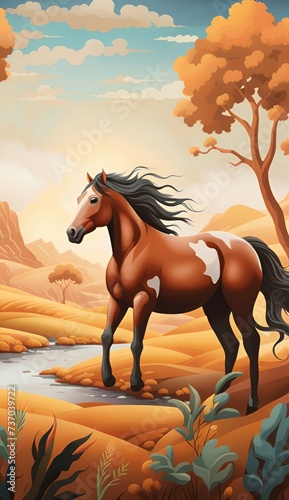 mural wallpaper with wild horses in the afternoon  Generative AI