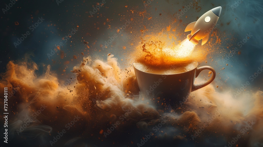 Coffee mug transformed into a rocket ship blasting off into space, symbolizing the revitalizing effect of a caffeine-infused coffee on lifting spirits and energizing the mind - obrazy, fototapety, plakaty 