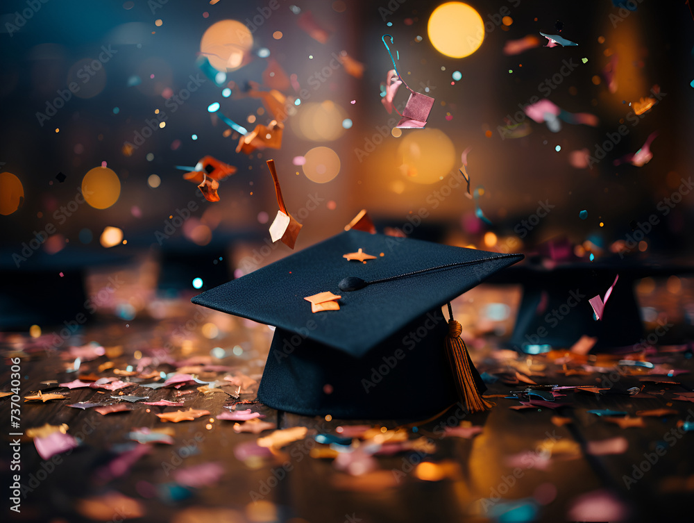 graduation hat on the table with tinsel and. the festive mood of the graduate graduation hat on the table with tinsel and. the festive mood of the graduate
