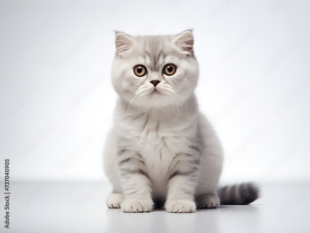 Scottish Fold breed of cat . Beautiful grey cat on white background