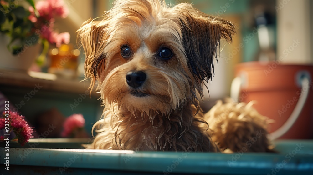A cute pet enjoying a grooming session at home. A cute pet enjoying a grooming session at home.