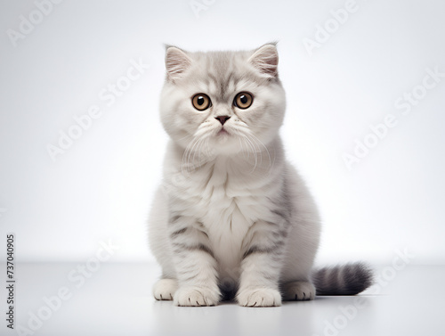 Scottish Fold breed of cat . Beautiful grey cat on white background © PanArt