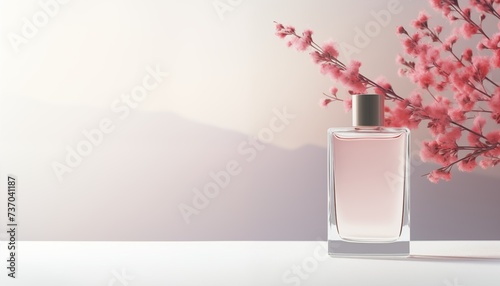 pink bottle of perfume with flowers
