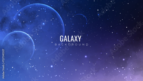 Galaxy background with purple nebula and planets. Outer space. Cosmos background with stardust effect. Starry night sky.