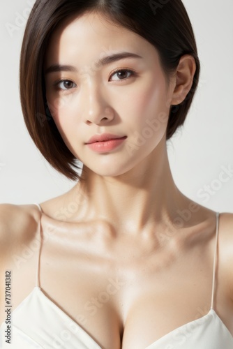 Closeup studio shot of a asian happiness beautiful young woman with freckles skin posing Sustainability portrait Close-up portrait of young and beautiful woman cosmetic skincare spa treatment concept