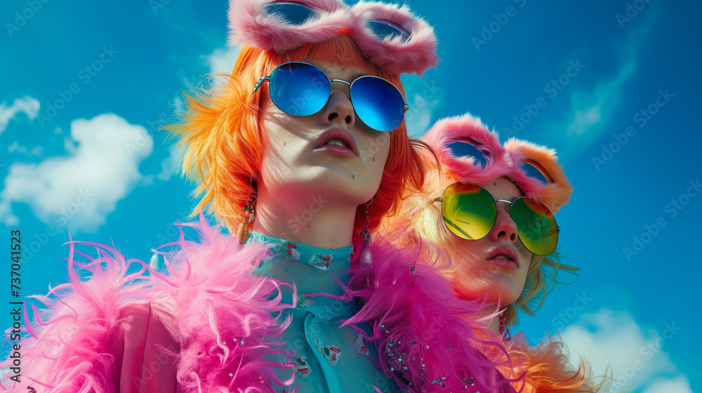 Two women posing wearing colorful fashionable clothes, Abstract cinematic portrait. Surreal fashion shoot. A group of vibrant and strong women in glasses and stylish hairstyles against the sky