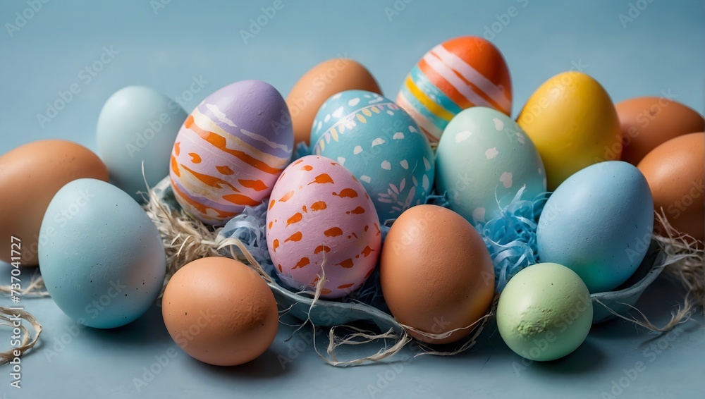 Easter eggs painted in different colors with blue background. Easter eggs painted in different colors with blue background.